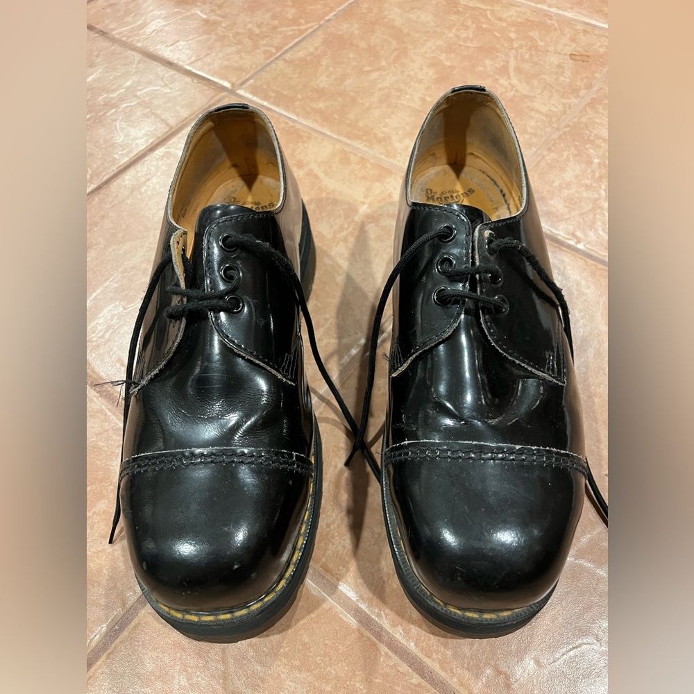 1990’s MIE Dr Martens Carzy Bomb Black Patent Leather Steel Toe Oxford Shoe UK10